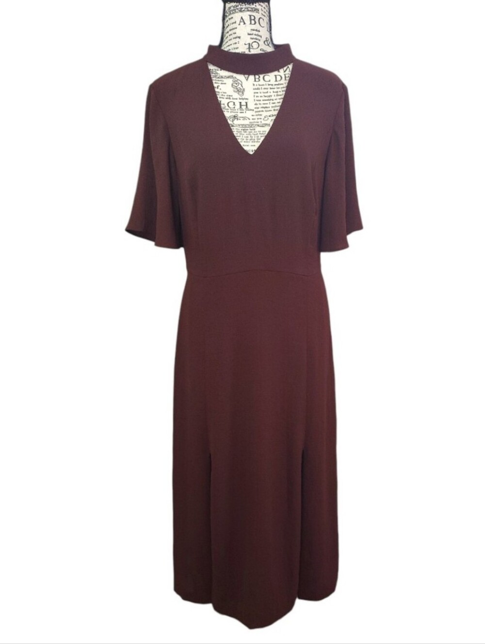 Ann Taylor Burgundy Choker Neck Flutter Sleeve Midi Dress SZ 8 - Picture 2 of 10